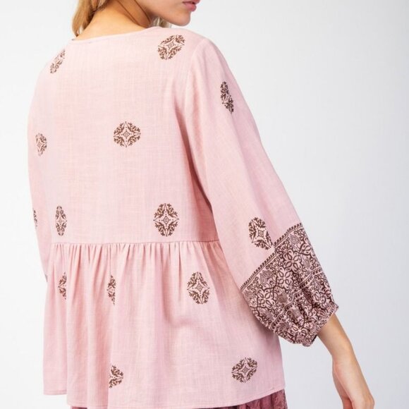 Boho Babydoll Tunic Printed Poly Linen, Tassel Tie, Ruffled Hem Dusty Rose S M L - Picture 5 of 5